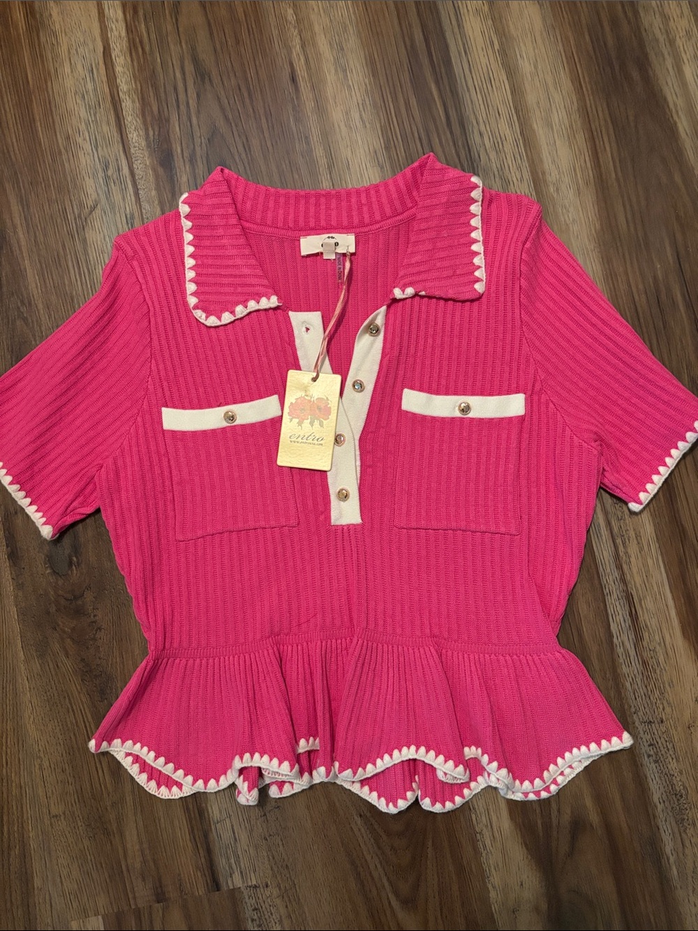 entro Hot Pink Ribbed Peplum Polo Top with Cream Trim